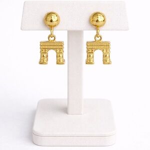 Gold Tone Arc de Triomphe Paris Dangle Earrings